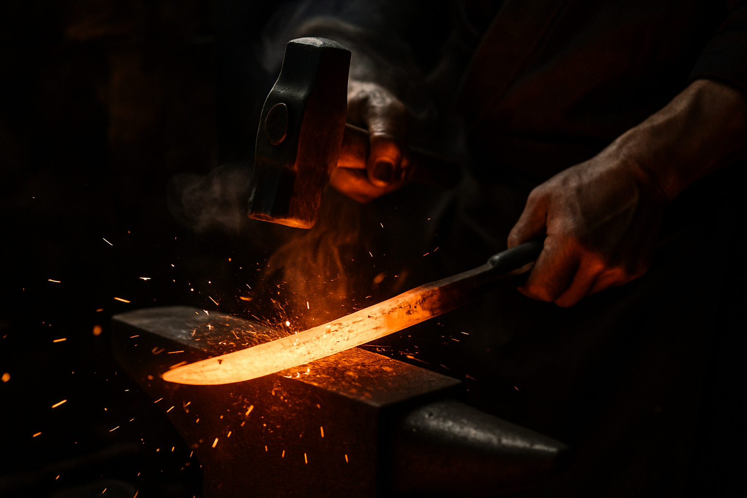 A bladesmith hammering glowing steel in a dark forge