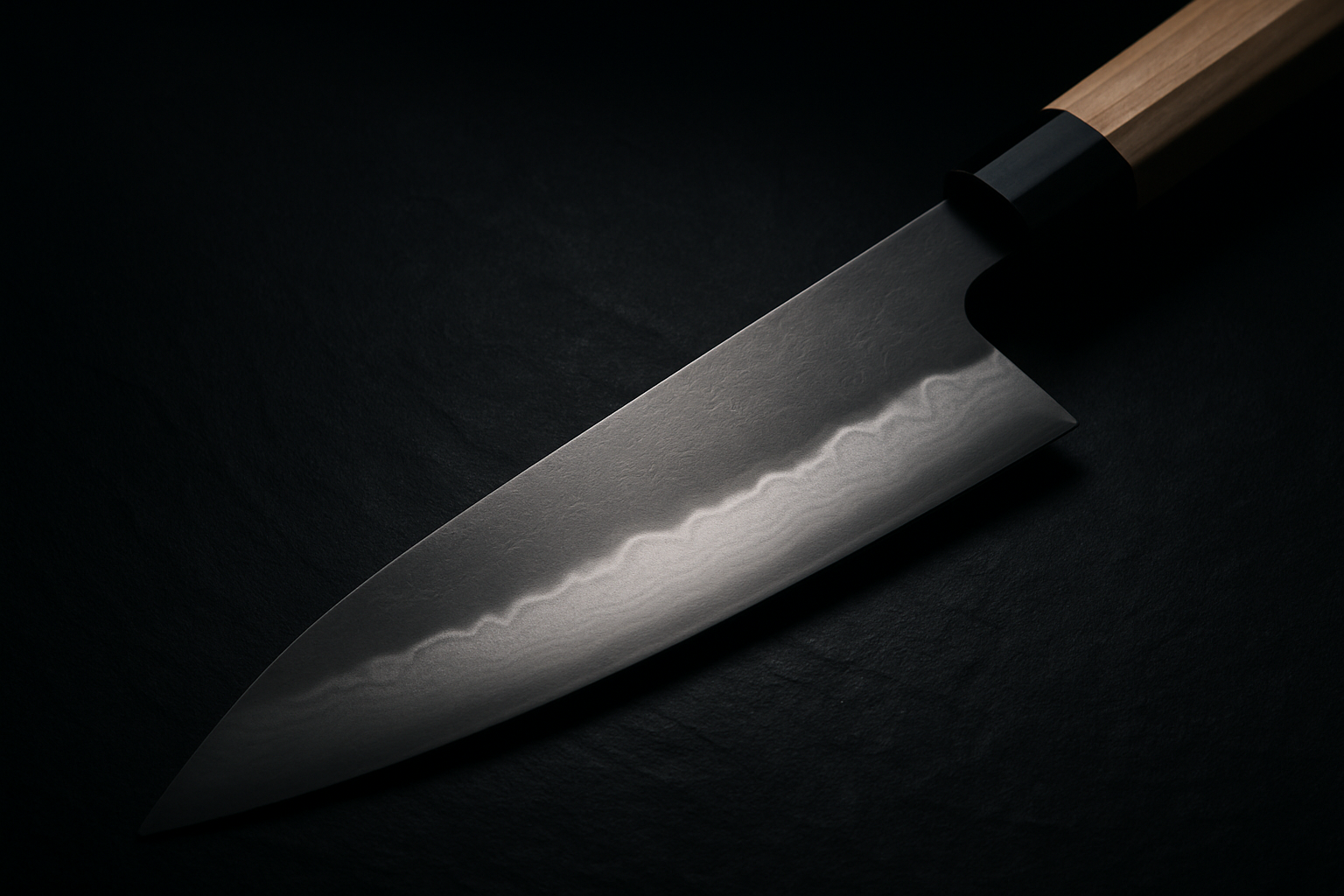 A hand-forged kasumi gyuto resting on dark slate